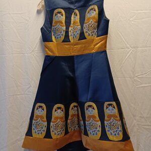 Satin Matryoshka doll dress, size 2-4, navy blue and gold